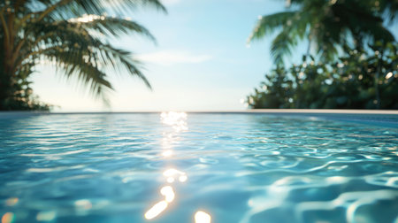 Crystal-clear rippled water in a luxurious swimming pool, reflecting sunlight with a serene ambiance. Perfect for a relaxing summer vibe.の素材