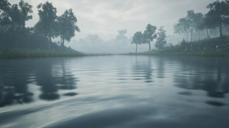 Flowing ripple lines in smooth water, set against the backdrop of a misty and serene natural environment.の素材
