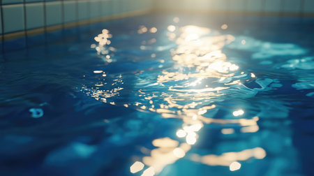 Close-up view of ripples in a blue-tiled swimming pool, with sunlight sparkling on the surface.の素材