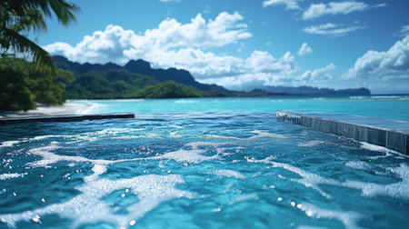 Ripples gently spreading out in a modern infinity pool overlooking a stunning tropical beach.の素材