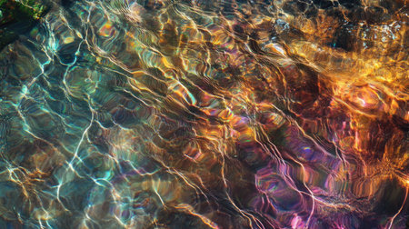 Ripple lines on a clear water surface, reflecting vibrant colors from a nearby sunset.の素材