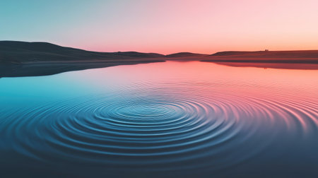 Ripple lines on a clear water surface, reflecting vibrant colors from a nearby sunset.の素材
