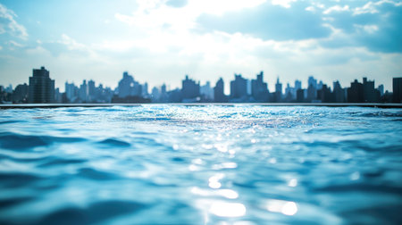 Rippling water in a luxurious rooftop swimming pool, surrounded by a panoramic urban skyline.の素材