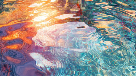 Vibrant patterns of sunlight refracting through rippled water in a modern outdoor swimming pool.の素材