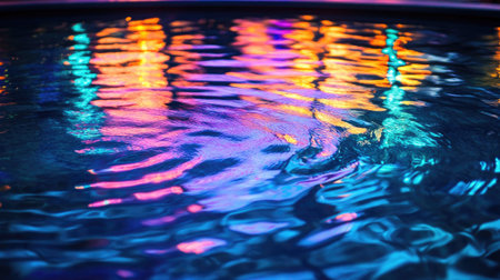 Vibrant blue ripples in a swimming pool illuminated by colorful pool lights during the evening.の素材