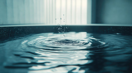 Slow motion effect of ripples in a swimming pool as a gentle breeze skims the surface.の素材