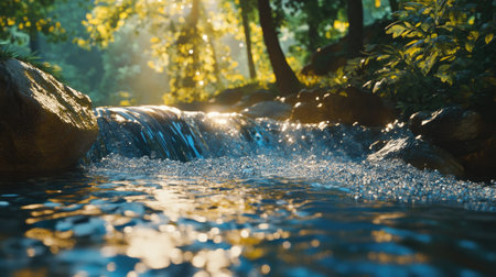 Dynamic yet smooth water flow creating perfect ripple lines, illuminated by soft natural sunlight.の素材