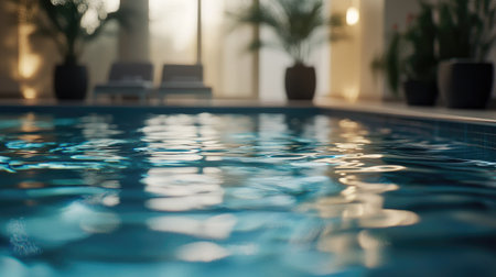 Slow motion effect of ripples in a swimming pool as a gentle breeze skims the surface.の素材