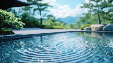 Sparkling pool water with natural ripples reflecting a clear blue sky, evoking feelings of calm and freshness.の素材