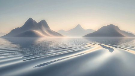 Elegant ripple lines flowing across smooth water, with soft light reflections creating a serene and calming vibe.の素材