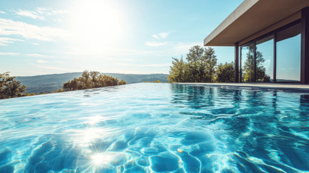 Crystal-clear rippled water in a luxurious swimming pool, reflecting sunlight with a serene ambiance. Perfect for a relaxing summer vibe.の素材