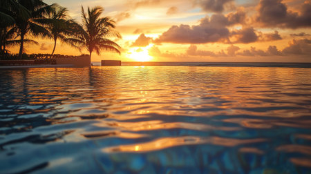 Rippled swimming pool water under the golden hues of sunset, creating a peaceful and dreamy scene.の素材