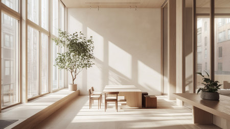 Contemporary office meeting room featuring a blank wall, warm wooden accents, and floor-to-ceiling windows in a bright, airy space.の素材