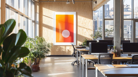 A bright office interior with a bold framed poster on a wooden wall, open desks, and oversized windows creating a vibrant workspace.の素材