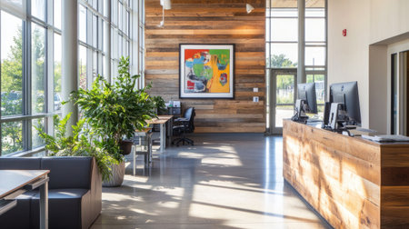 A bright, modern office with a statement framed poster on a wooden wall, wide desks, and floor-to-ceiling windows for a luminous, open feel.の素材