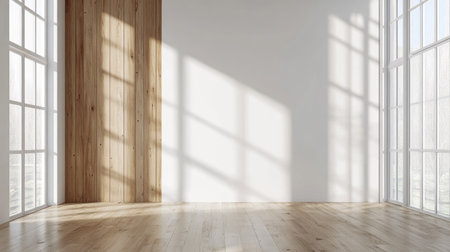 Clean and minimalist office meeting room with a blank white wall, a wooden feature wall, and expansive windows offering a bright atmosphere.の素材