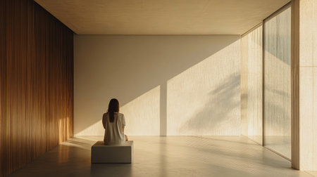 Bright modern workspace with a blank wall, a wooden feature wall, and large windows flooding the minimalist meeting room with light.の素材