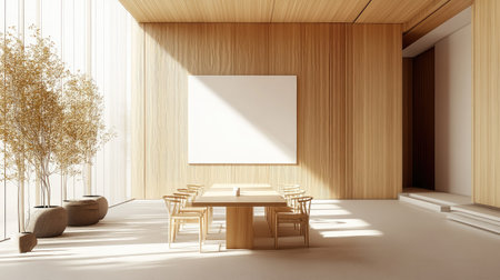 Bright and open meeting room with a minimalist table, chairs, blank wall for presentations, and a wooden accent wall for a stylish touch.の素材