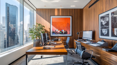 Contemporary workspace with a warm wooden wall, eye-catching framed poster, sleek desks, and bright lighting from expansive windows.の素材