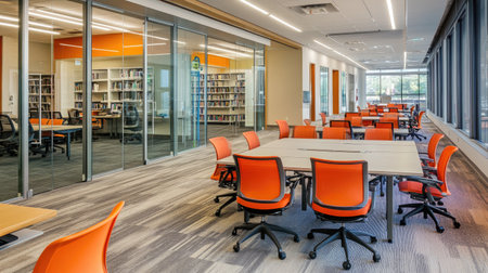 Large office meeting room with glass walls creating private discussion areas, equipped with modern tables and ergonomic seating.の素材