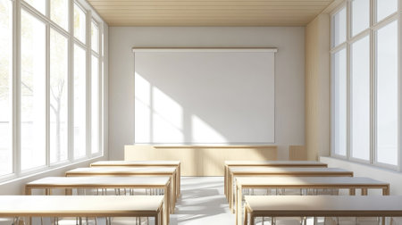 Elegant office meeting room with a blank wall, wooden panel decor, minimalist desks, and bright natural light from large windows.の素材