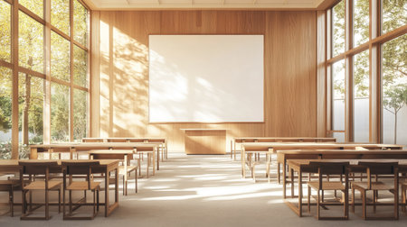 Elegant office meeting room with a blank wall, wooden panel decor, minimalist desks, and bright natural light from large windows.の素材