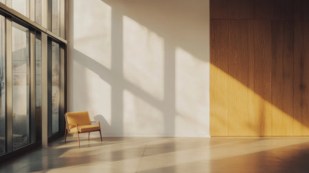 Minimalist meeting room setup in a bright space, featuring a blank white wall, warm wood paneling, and floor-to-ceiling windows.の素材