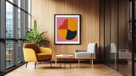 Modern workspace with a framed poster mounted on a stylish wooden wall, minimalist furniture, and large glass windows for a bright, airy feel.の素材
