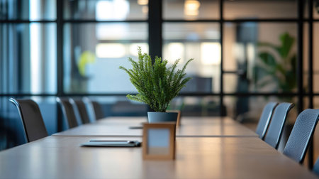 Professional meeting room with glass partitions, creating private discussion zones with minimalist tables and chairs.の素材