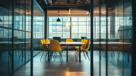 Professional meeting space divided into sections by glass walls, each with well-organized tables and chairs for discussions.の素材