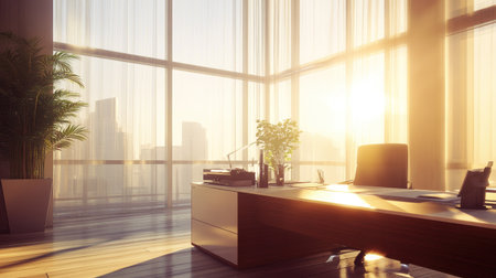 A bright, modern work desk in a clean office setting, bathed in soft daylight from tall, glass-paneled windows.の素材