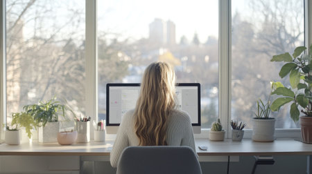 A bright, modern workspace featuring a sleek desk, minimalist decor, and floor-to-ceiling windows flooding the space with natural light.の素材