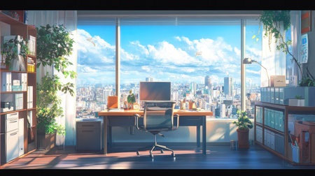 Bright office workspace featuring a modern desk, creative decor, and large windows offering a panoramic city view.の素材