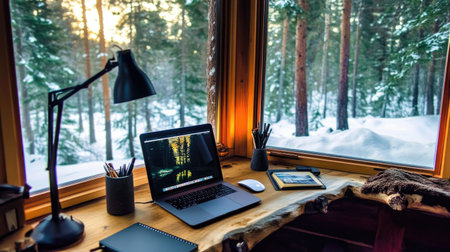 Elegant work desk setup with a laptop, notebook, and decor, positioned near floor-to-ceiling windows with soft natural light.の素材