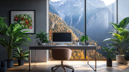 Bright, stylish workspace with a sophisticated desk, vibrant plants, and large windows showcasing a mountain view.の素材