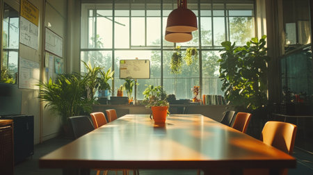 Creative office meeting space featuring a long table, writable glass partitions, and large windows providing an inspiring view.の素材