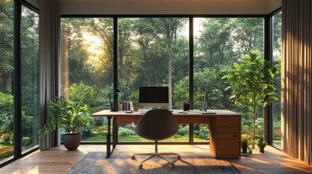 Spacious work desk in a modern home office with floor-to-ceiling windows framing a serene garden view.の素材
