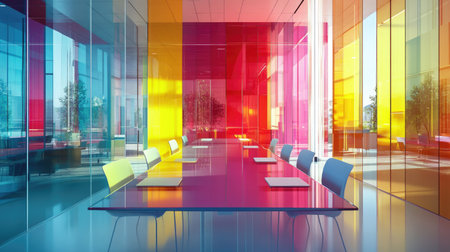 Modern workspace meeting room with a central long table, stylish glass partitions, and bright natural light from large windows.の素材