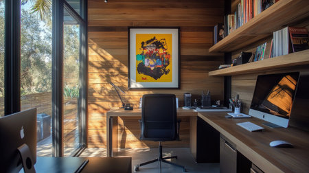 Contemporary workspace with a warm wooden wall, eye-catching framed poster, sleek desks, and bright lighting from expansive windows.の素材
