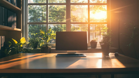 Contemporary home office desk setup with minimalist decor, illuminated by sunlight streaming through large windows.の素材