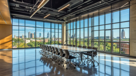 Industrial-style meeting room with a metal-framed long table, glass partitions, and large windows revealing an urban skyline.の素材