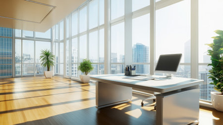 A bright, modern workspace featuring a sleek desk, minimalist decor, and floor-to-ceiling windows flooding the space with natural light.の素材