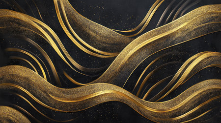 Elegant golden gradient waves shimmering on a deep black background, evoking luxury and sophistication.の素材