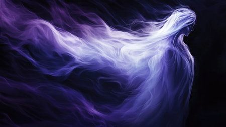 Mystical purple and indigo gradient mist, softly blending into the shadows of a deep black backdrop.の素材