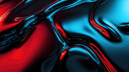 Neon red and cyan gradient reflections bouncing off a glossy black surface, resembling cyberpunk aesthetics.の素材