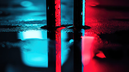 Neon red and cyan gradient reflections bouncing off a glossy black surface, resembling cyberpunk aesthetics.の素材