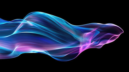 Vibrant neon blue and purple gradient light flowing smoothly over a black background, creating a futuristic and sleek aesthetic.の素材