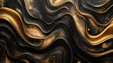 Elegant golden gradient waves shimmering on a deep black background, evoking luxury and sophistication.の素材