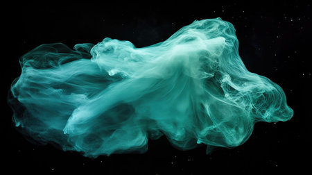 Green and teal gradient nebula-like mist floating against a pitch-black backdrop, resembling a cosmic phenomenon.の素材