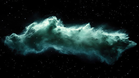 Green and teal gradient nebula-like mist floating against a pitch-black backdrop, resembling a cosmic phenomenon.の素材